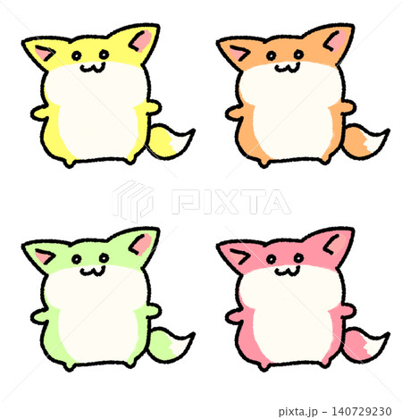 ゆるくて可愛いキツネのキャラクターイラストセット（4色・カラーバリエーション・背景透過） 140729230