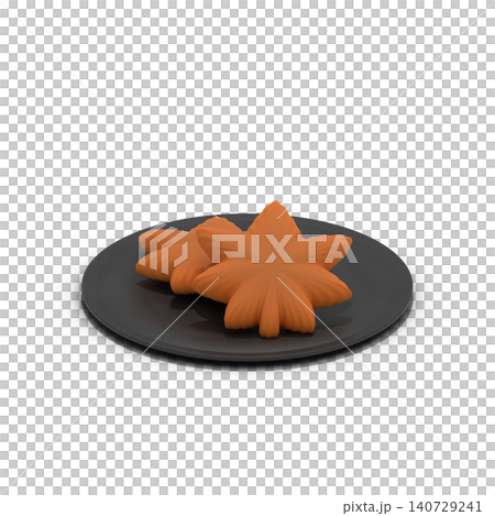 3D illustration cutout of a black plate and two momiji manju (maple leaf-shaped steamed buns) on a transparent background, a Hiroshima specialty. 140729241