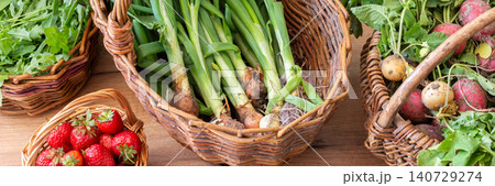 Baskets filled with freshly picked organic vegetables sit on a wooden table. Green onions, lettuce, and radishes are among the harvest from a local farm, banner 140729274