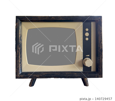 Vintage television stands isolated with blank screen display. Retro device presents empty monitor ready content placement mockup. Technology concept nostalgia media object classic design.. Vintage television stands isolated with blank screen display. Retro device presents empty monitor ready content placement mockup. Technology concept nostalgia media object classic design.. 140729457