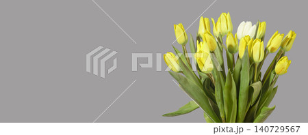 Large bouquet of yellow tulip flowers arranged with green leaves on grey background with copy space. Multiple blooms grouped forming dense arrangement with bright color palette clearly. Large bouquet of yellow tulip flowers arranged with green leaves on grey background with copy space. Multiple blooms grouped forming dense arrangement with bright color palette clearly. 140729567