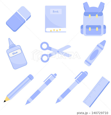 Cute pastel periwinkle blue school supplies vector set isolated on white background 140729710