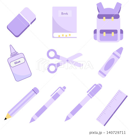 Cute pastel purple school supplies vector set isolated on white background Cute pastel purple school supplies vector set isolated on white background 140729711