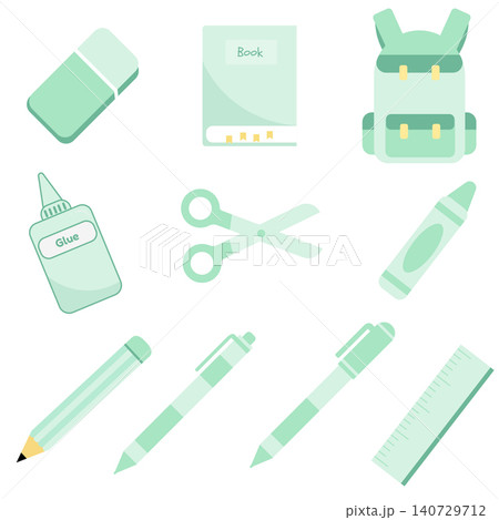 Cute pastel mint green school supplies vector set isolated on white background 140729712