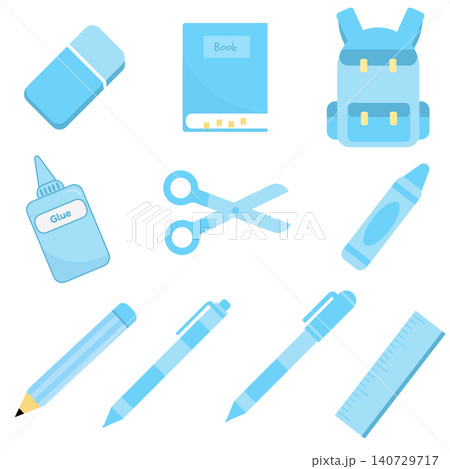 Cute pastel sky blue school supplies vector set isolated on white background 140729717