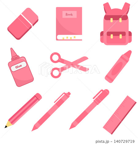 Cute pastel dark pink school supplies vector set isolated on white background Cute pastel dark pink school supplies vector set isolated on white background 140729719