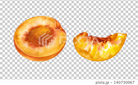 Hand-drawn watercolor peach halves and slice set isolated on white background. For food packaging design, recipe books, summer patterns, and kitchen decor. 140730067