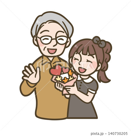 敬老の日に花束をプレゼントする女の子と祖父のイラスト 敬老の日に花束をプレゼントする女の子と祖父のイラスト 140730205