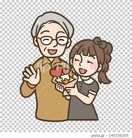 敬老の日に花束をプレゼントする女の子と祖父のイラスト 敬老の日に花束をプレゼントする女の子と祖父のイラスト 140730205