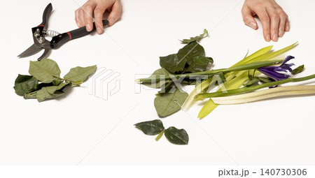 Florist workspace with stems leaves and pruning shears on table. Tools and plant material prepared for floral arrangement process. Concept of professional flower work.. 140730306