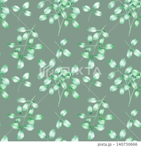 Green moringa leaves in dense repeating layout on darker tones as watercolor illustration seamless pattern, hand drawn botanical clipart. Ideal for fabric prints, wallpaper, packaging and branding Green moringa leaves in dense repeating layout on darker tones as watercolor illustration seamless pattern, hand drawn botanical clipart. Ideal for fabric prints, wallpaper, packaging and branding 140730666