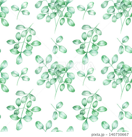 Green moringa leaves repeated in fresh tones as watercolor illustration seamless pattern, hand drawn botanical clipart. Perfect for fabric, packaging, stationery, wallpaper and natural themed designs Green moringa leaves repeated in fresh tones as watercolor illustration seamless pattern, hand drawn botanical clipart. Perfect for fabric, packaging, stationery, wallpaper and natural themed designs 140730667