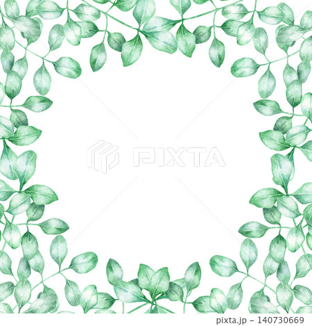 Green moringa leaf border forming square frame in fresh tones as watercolor clipart, hand drawn botanical design. Ideal for stationery, packaging, invitations and eco branding projects 140730669