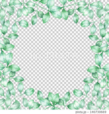 Green moringa leaf border forming square frame in fresh tones as watercolor clipart, hand drawn botanical design. Ideal for stationery, packaging, invitations and eco branding projects 140730669