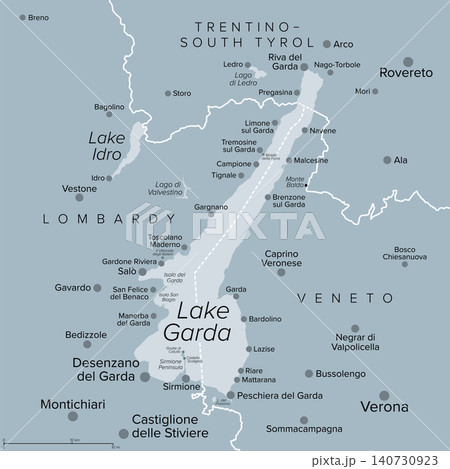 Lake Garda, largest lake in Italy, gray political map. Lago di Garda, or Benaco, west of Verona, at the edge of the Italian Alps, with shorelines divided between Lombardy, Veneto, and Trentino. Vector 140730923