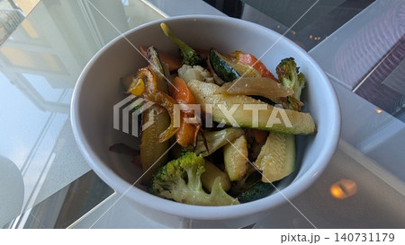 A small bowl of grilled vegetable mix of broccoli, carrot, yellow pepper, zucchini, onion, and cauliflower A small bowl of grilled vegetable mix of broccoli, carrot, yellow pepper, zucchini, onion, and cauliflower 140731179