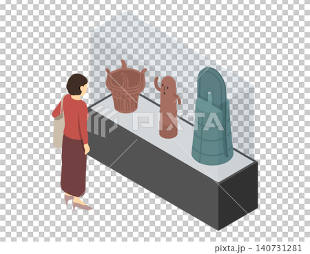 アイソメトリックイラスト:博物館で遺物を見る女性 アイソメトリックイラスト:博物館で遺物を見る女性 140731281