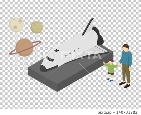 アイソメトリックイラスト：博物館で宇宙船を見る父親と息子 140731282