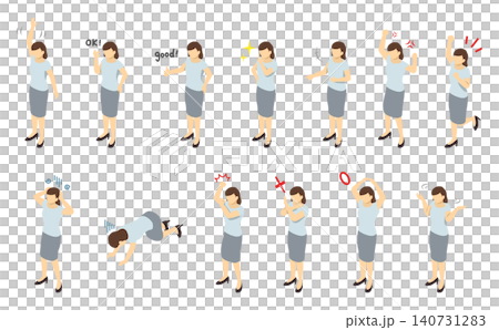 Isometric illustration: Women in suits (summer clothes) expressing various emotions. Isometric illustration: Women in suits (summer clothes) expressing various emotions. 140731283