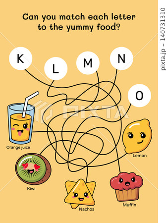 kawaii food maze puzzle game for kids, flat vector illustration featuring educational letter matching activity K to O with cartoon characters for preschool worksheets kawaii food maze puzzle game for kids, flat vector illustration featuring educational letter matching activity K to O with cartoon characters for preschool worksheets 140731310