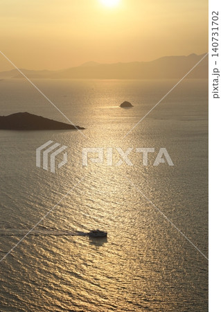 Seaside town of Turgutreis and spectacular sunsets. aerial view of islands and sea 140731702