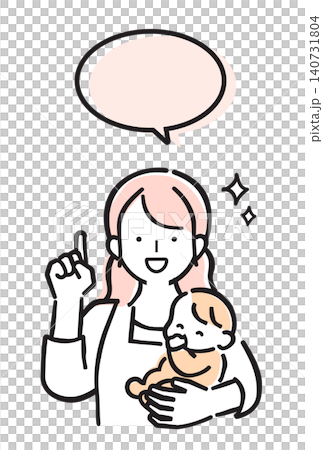A simple color illustration of a mother holding her baby and explaining something. A simple color illustration of a mother holding her baby and explaining something. 140731804