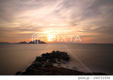 sunset on the beach. Seaside town of Turgutreis and spectacular sunsets. Selective Focus. Long Exposure shoot. tranquility scene. sunset on the beach. Seaside town of Turgutreis and spectacular sunsets. Selective Focus. Long Exposure shoot. tranquility scene. 140731930
