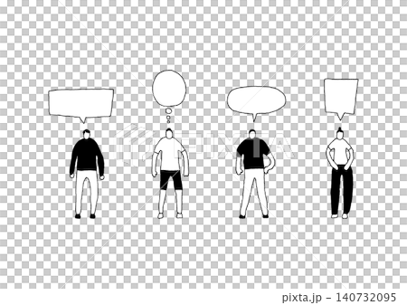 様々な形の吹き出しと4人の人物を組み合わせた、背景のある手描きのゆるいイラストセット(黒) 様々な形の吹き出しと4人の人物を組み合わせた、背景のある手描きのゆるいイラストセット(黒) 140732095
