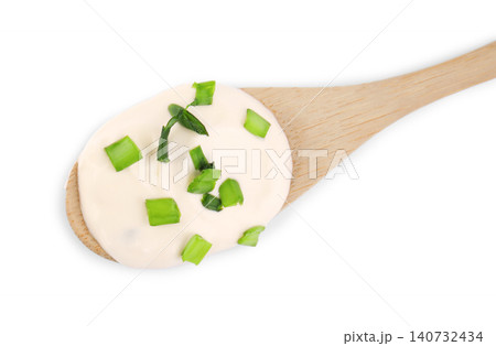 Fresh sour cream with onion on white background, top view Fresh sour cream with onion on white background, top view 140732434