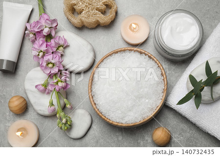 Flat lay composition with cosmetics and sea salt on grey marble table. Spa treatment Flat lay composition with cosmetics and sea salt on grey marble table. Spa treatment 140732435
