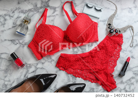 Flat lay composition with women's underwear on marble background Flat lay composition with women's underwear on marble background 140732452