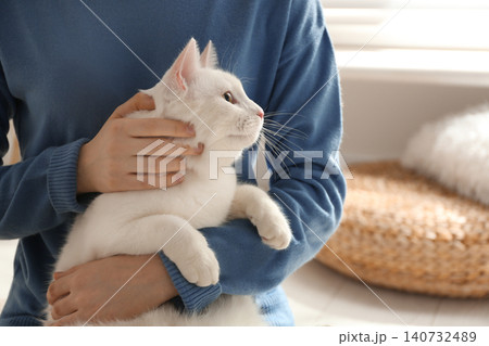 Young woman with her beautiful white cat at home, closeup. Fluffy pet Young woman with her beautiful white cat at home, closeup. Fluffy pet 140732489