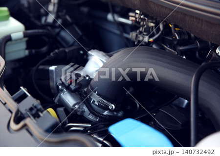 Closeup view of engine bay in modern car 140732492