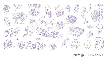 Art tools doodles , funny creative sign and symbol drawings vector collection Art tools doodles , funny creative sign and symbol drawings vector collection 140732724