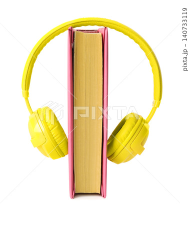 Book and modern headphones isolated on white Book and modern headphones isolated on white 140733119