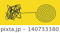 Tangled scribble to spiral line art, black lines on yellow 140733380