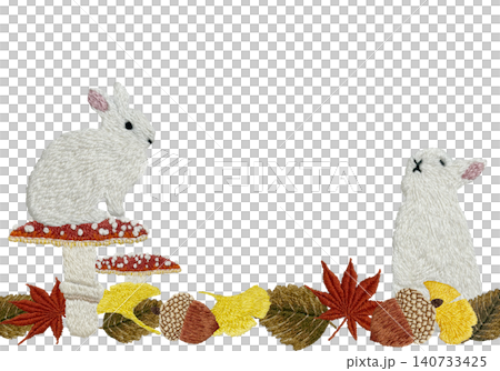 【ウサギとキノコと落ち葉とドングリの横フレーム】手刺繍イラスト素材 【ウサギとキノコと落ち葉とドングリの横フレーム】手刺繍イラスト素材 140733425