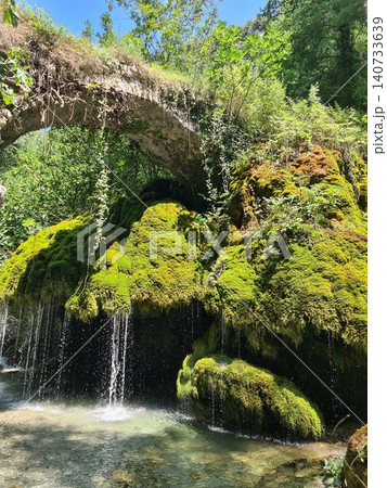 Waterfall Capelli di Venere, small mountainside cascade surrounded by vegetation, close to a ruined mill, Casaletto Spartano, Province of Salerno, Italy 140733639