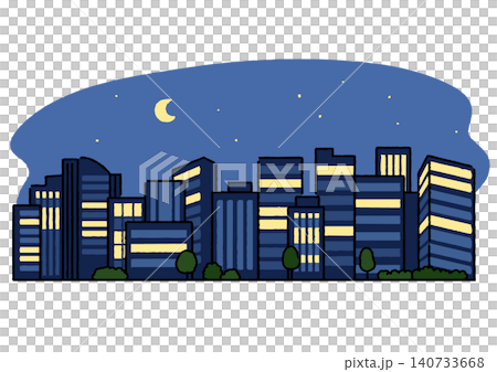 シンプルな夜空の下のビル街の夜景のイラスト 140733668