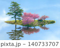 水面に写る一面の空と桜咲く浮島 140733707
