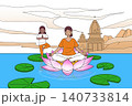 ヨガをする親子のイラスト インド風背景と蓮の池（背景透過） 140733814
