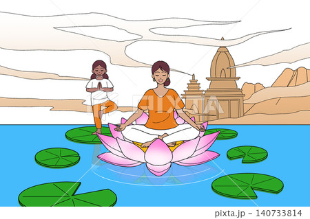 ヨガをする親子のイラスト インド風背景と蓮の池(背景透過) ヨガをする親子のイラスト インド風背景と蓮の池(背景透過) 140733814