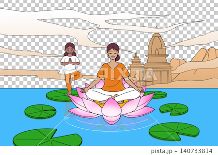 ヨガをする親子のイラスト インド風背景と蓮の池(背景透過) ヨガをする親子のイラスト インド風背景と蓮の池(背景透過) 140733814