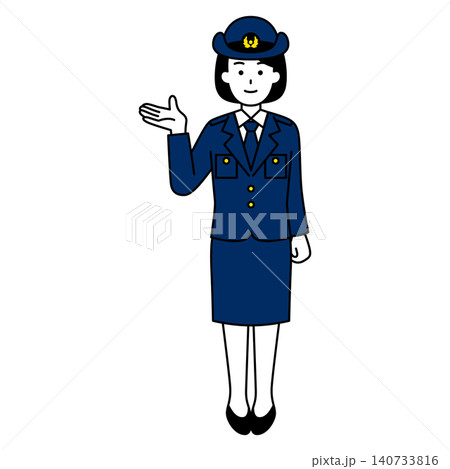 右手で案内する女性警察官（全身） 140733816