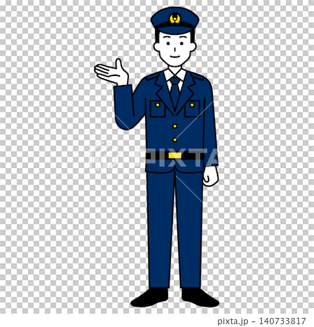 一名男警官(全身像)用右手指引方向。 一名男警官(全身像)用右手指引方向。 140733817