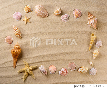 Sea beach sand background with seashells top view. Many different seashells on beach sand, top view. Sea beach sand background with seashells top view. Many different seashells on beach sand, top view. 140733907