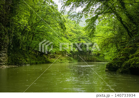 Rough water flows under green-clad stone arches. Rough water flows under green-clad stone arches. 140733934