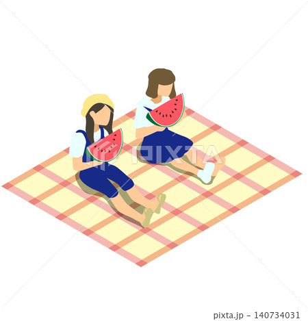 レジャーシートでスイカを食べる子どものイラスト素材 レジャーシートでスイカを食べる子どものイラスト素材 140734031