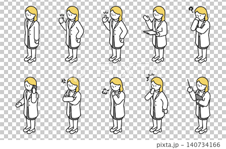 Isometric illustrations: Women in white coats in various poses Isometric illustrations: Women in white coats in various poses 140734166