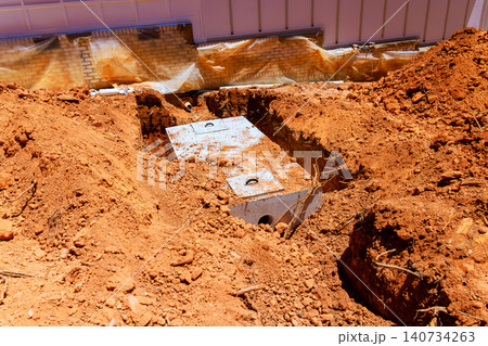 Workers are at construction site where concrete septic tank are buried under dirt in residential area Workers are at construction site where concrete septic tank are buried under dirt in residential area 140734263